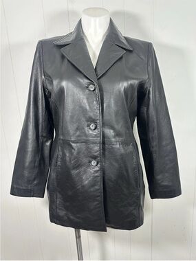 JLC New York Sz XL Women's Black Leather Button Front Coat Jacket Mid-Length